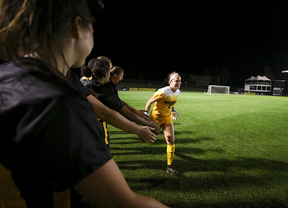 Iowa goalkeeper Claire Graves (1) is introduced before their match against Illinois at the Iowa Soccer Complex in Iowa City on Thursday, Sep 26, 2019. (Stephen Mally/hawkeyesports.com)