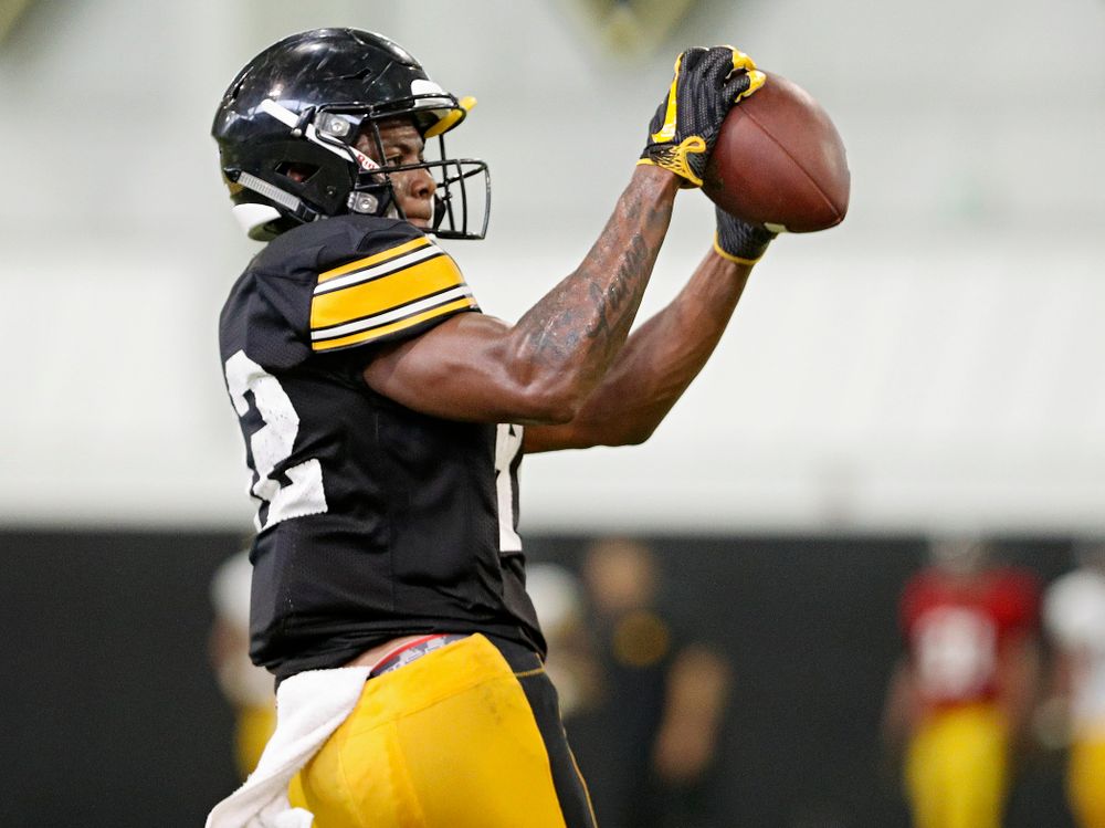 Iowa Hawkeyes wide receiver Calvin Lockett (82) pulls in a pass during Fall Camp Practice No. 6 at the Hansen Football Performance Center in Iowa City on Thursday, Aug 8, 2019. (Stephen Mally/hawkeyesports.com)
