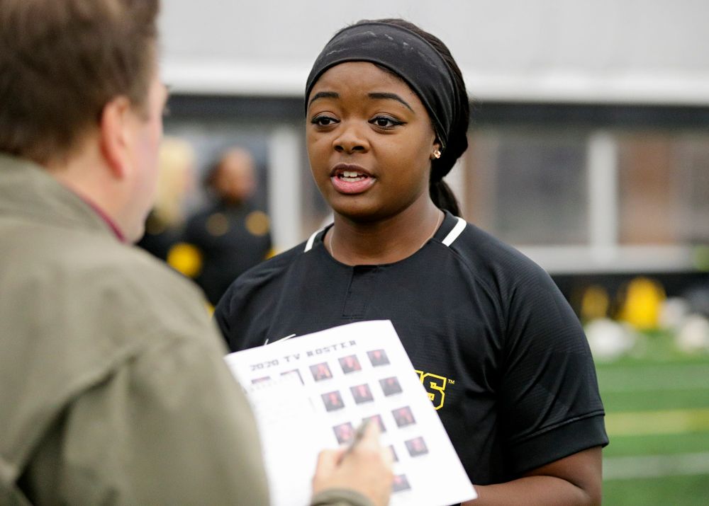 Iowa infielder/pitcher DoniRae Mayhew (24) answers questions during Iowa Softball Media Day at the Hawkeye Tennis and Recreation Complex in Iowa City on Thursday, January 30, 2020. (Stephen Mally/hawkeyesports.com)