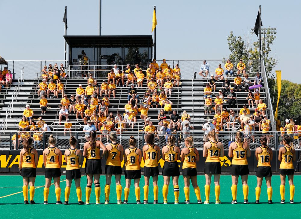 The Iowa Hawkeyes stand for the National Anthem and introductions before their game against Indiana Sunday, September 16, 2018 at Grant Field. (Brian Ray/hawkeyesports.com)