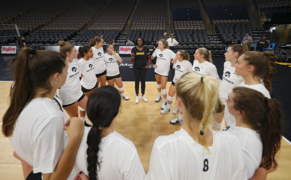 Iowa interim head coach Vicki Brown talks with her team during Iowa Volleyball’s Media Day at Carver-Hawkeye Arena in Iowa City on Friday, Aug 23, 2019. (Stephen Mally/hawkeyesports.com)