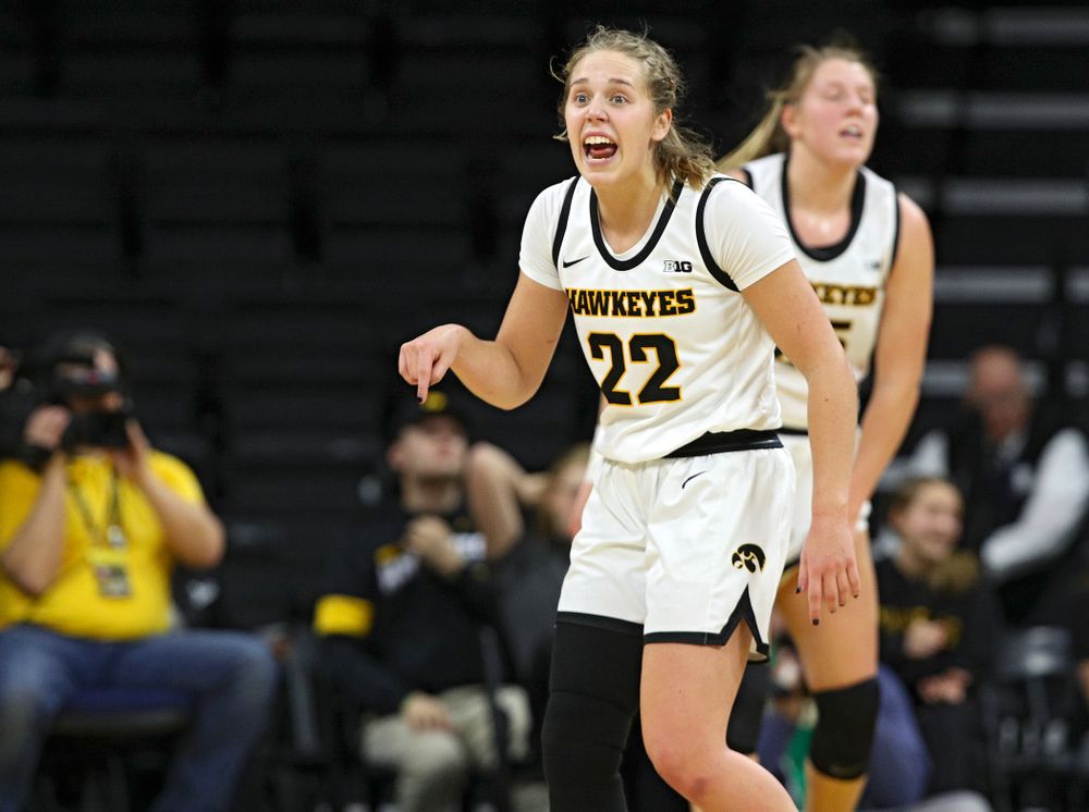 Iowa Hawkeyes guard Kathleen Doyle (22) shouts to her teammates during the fourth quarter of their game at Carver-Hawkeye Arena in Iowa City on Sunday, January 12, 2020. (Stephen Mally/hawkeyesports.com)