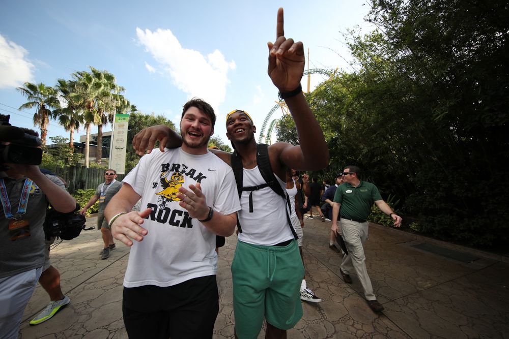 Iowa Hawkeyes defensive lineman Jack Kallenberger (97) and defensive end Chauncey Golston (57) during an Outback Bowl team event Saturday, December 29, 2018 at Busch Gardens in Tampa, FL. (Brian Ray/hawkeyesports.com)