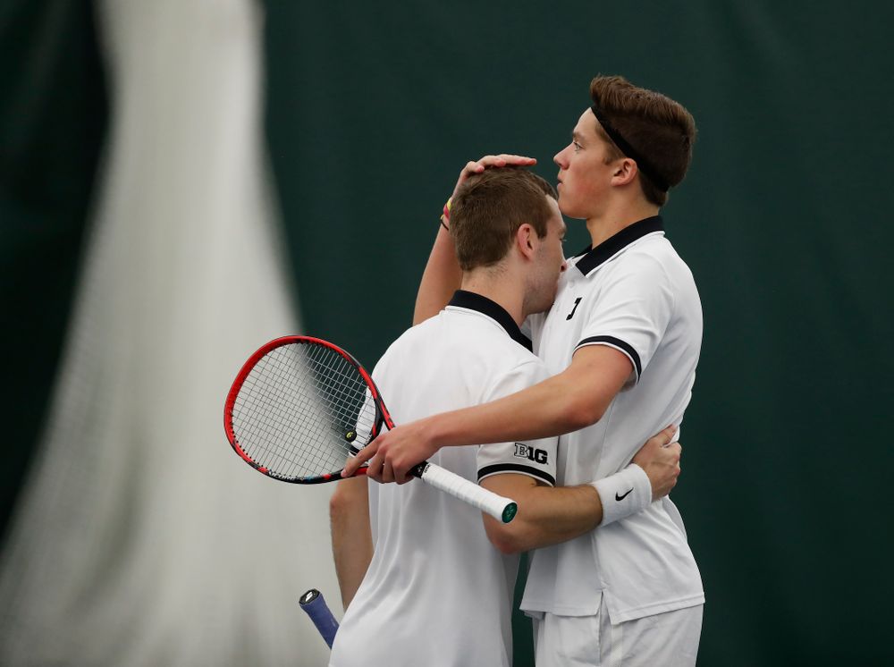 Jake Jacoby and Joe Tyler play a doubles match against Purdue Sunday, April 15, 2018 at the Hawkeye Tennis and Recreation Center. (Brian Ray/hawkeyesports.com)