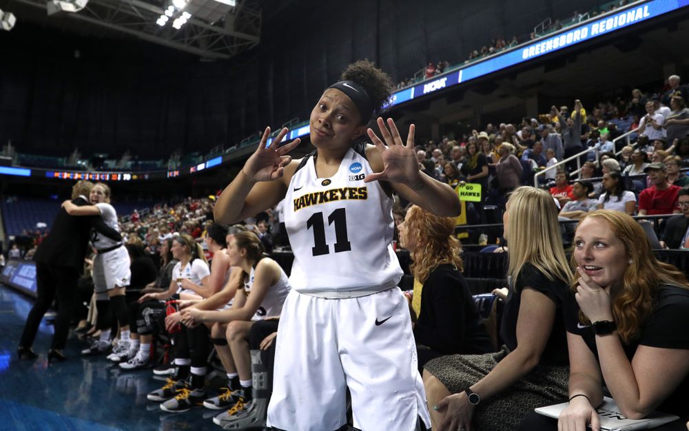 Iowa Hawkeyes guard Tania Davis (11) against the NC State Wolfpack in the regional semi-final of the 2019 NCAA Women's College Basketball Tournament Saturday, March 30, 2019 at Greensboro Coliseum in Greensboro, NC.(Brian Ray/hawkeyesports.com)