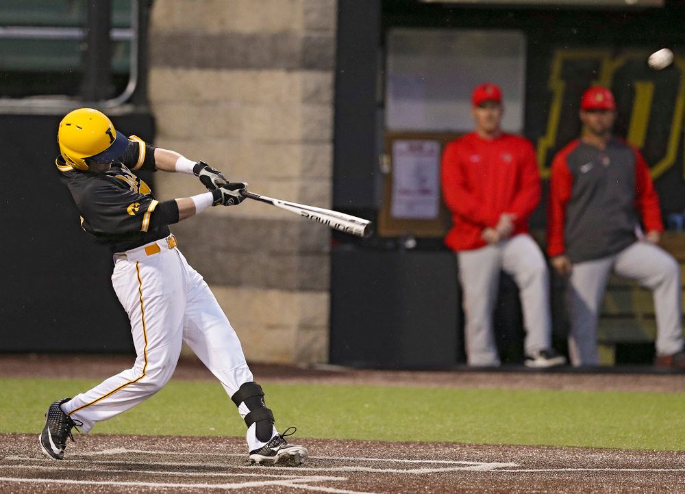 Iowa Hawkeyes left fielder Chris Whelan (28) hits a 3-run home run during the ninth inning of their game against Illinois State at Duane Banks Field in Iowa City on Wednesday, Apr. 3, 2019. (Stephen Mally/hawkeyesports.com)