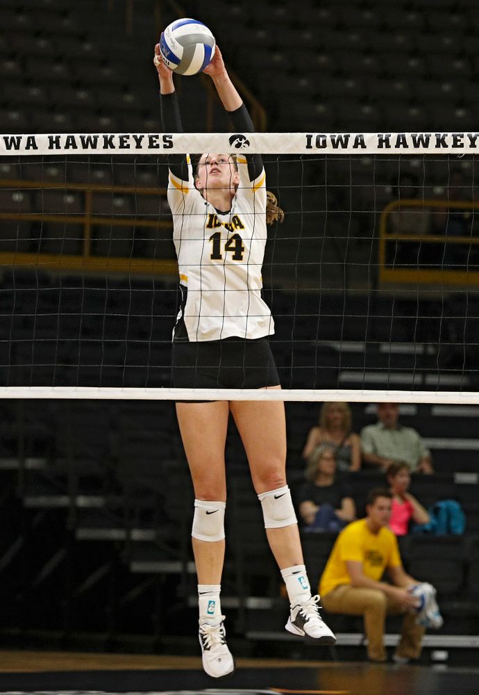 Iowa’s Emma Grunkemeyer (14) during the first set of the Black and Gold scrimmage at Carver-Hawkeye Arena in Iowa City on Saturday, Aug 24, 2019. (Stephen Mally/hawkeyesports.com)