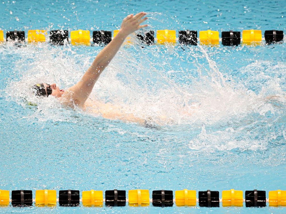 Iowa’s Jacob Rosenkoetter swims the men’s 50 yard backstroke event during their meet at the Campus Recreation and Wellness Center in Iowa City on Friday, February 7, 2020. (Stephen Mally/hawkeyesports.com)