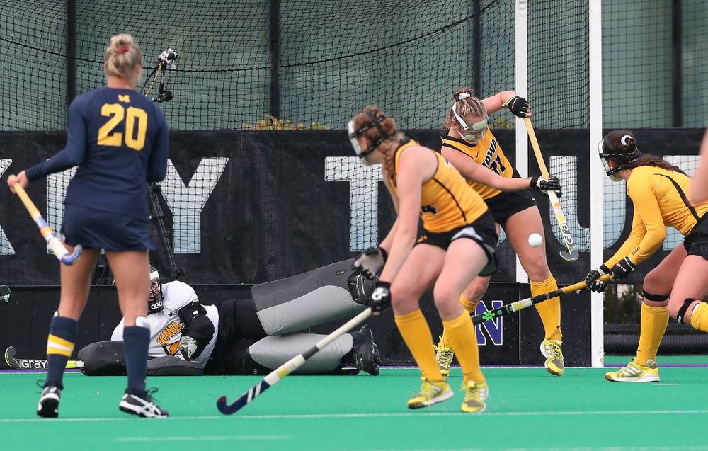 Iowa Hawkeyes Katie Birch (11) makes a stop on a penalty corner against the Michigan Wolverines in the semi-finals of the Big Ten Tournament Friday, November 2, 2018 at Lakeside Field on the campus of Northwestern University in Evanston, Ill. (Brian Ray/hawkeyesports.com)
