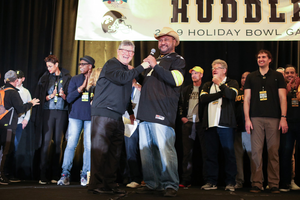 Epenesa Epenesa and other letter winners are introduced during the Holiday Bowl Hawkeye Huddle Thursday, December 26, 2019 at the Hilton in downtown San Diego. (Brian Ray/hawkeyesports.com)