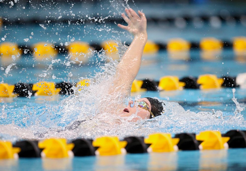 Iowa’s Zoe Pawloski swims the backstroke section in the women’s 400 yard medley relay event during their meet at the Campus Recreation and Wellness Center in Iowa City on Friday, February 7, 2020. (Stephen Mally/hawkeyesports.com)