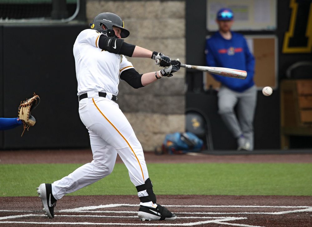 Iowa right fielder Zeb Adreon (5) drives in a run with a hit during the first inning of their college baseball game at Duane Banks Field in Iowa City on Wednesday, March 11, 2020. (Stephen Mally/hawkeyesports.com)