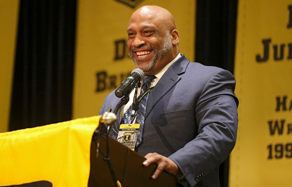 2019 University of Iowa Athletics Hall of Fame inductee LeRoy Smith speaks during the Hall of Fame Induction Ceremony at the Coralville Marriott Hotel and Conference Center in Coralville on Friday, Aug 30, 2019. (Stephen Mally/hawkeyesports.com)