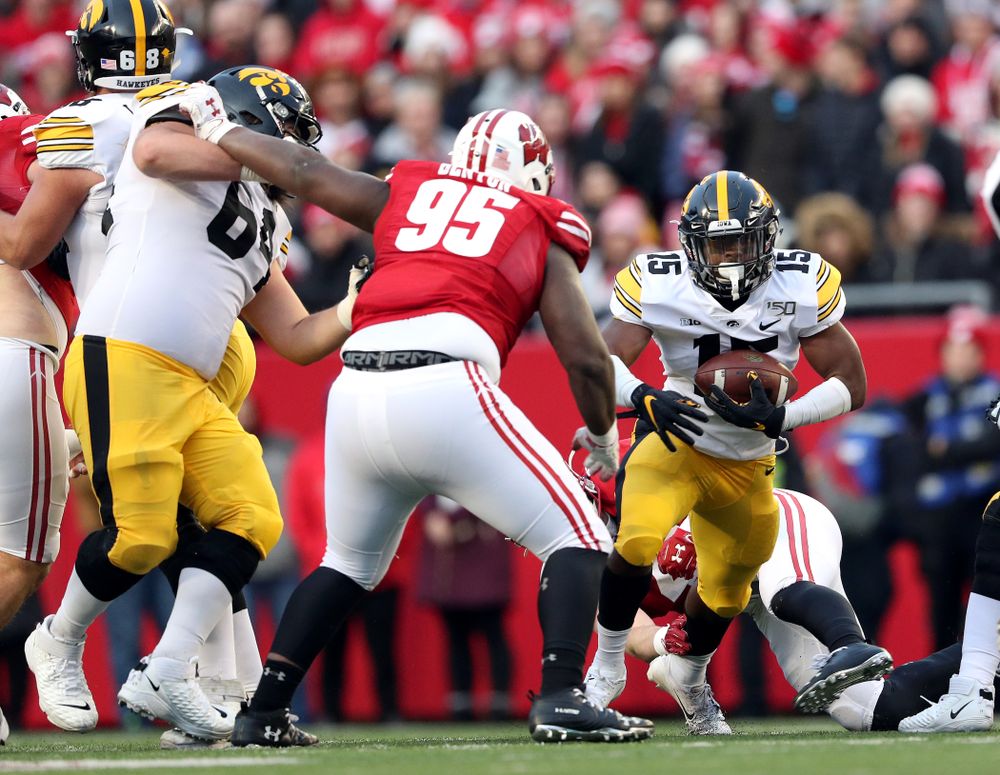 Iowa Hawkeyes running back Tyler Goodson (15) against the Wisconsin Badgers Saturday, November 9, 2019 at Camp Randall Stadium in Madison, Wisc. (Brian Ray/hawkeyesports.com)