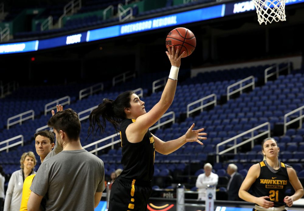 Iowa Hawkeyes forward Megan Gustafson (10) during media and practice as they prepare for their Sweet 16 matchup against NC State Friday, March 29, 2019 at the Greensboro Coliseum in Greensboro, NC.(Brian Ray/hawkeyesports.com)