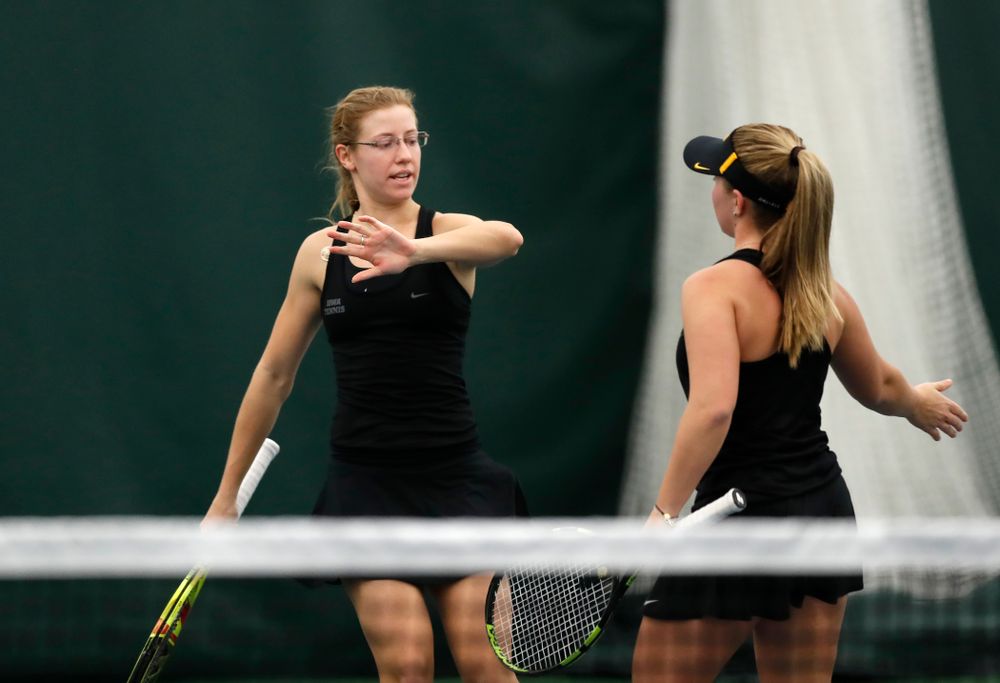 Danielle Burich and Montana Crawford play a doubles match against Ohio State Sunday, March 25, 2018 at the Hawkeye Tennis and Recreation Center. (Brian Ray/hawkeyesports.com)