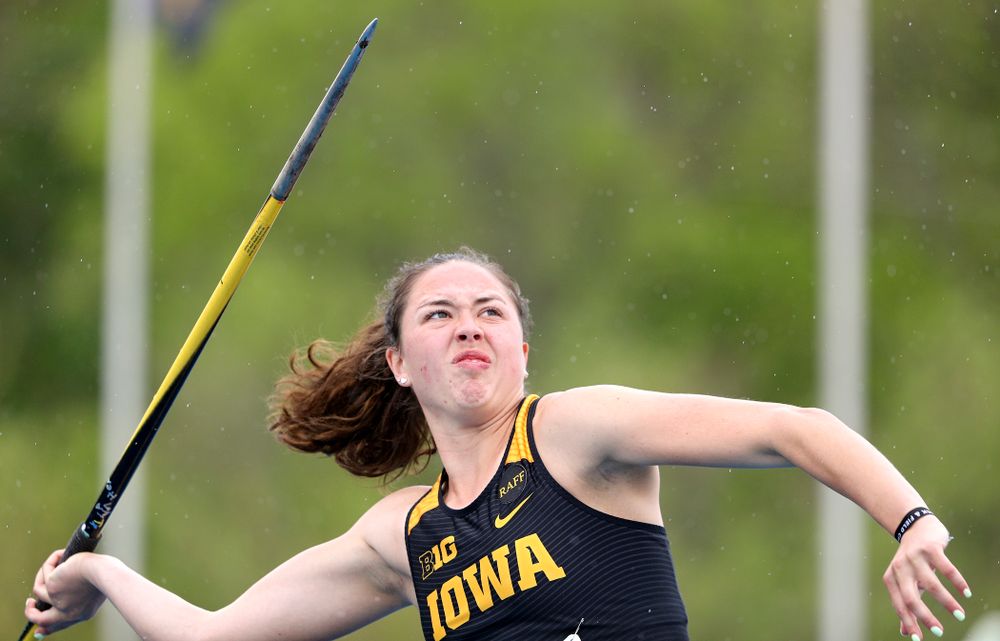 Iowa's Jenny Kimbro throws in the women’s javelin in the heptathlon event on the second day of the Big Ten Outdoor Track and Field Championships at Francis X. Cretzmeyer Track in Iowa City on Saturday, May. 11, 2019. (Stephen Mally/hawkeyesports.com)