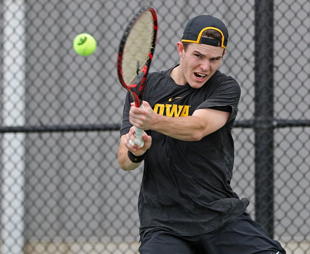 Iowa's Jonas Larsen competes during a match against Ohio State at the Hawkeye Tennis and Recreation Complex in Iowa City on Sunday, Apr. 7, 2019. (Stephen Mally/hawkeyesports.com)