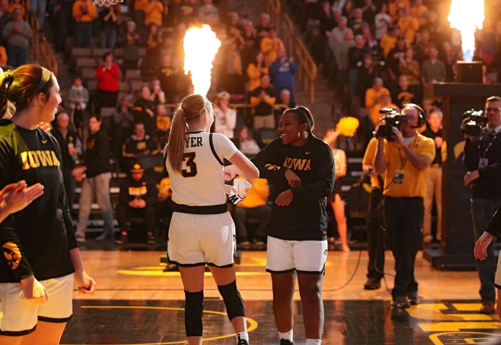 Iowa Hawkeyes guard Makenzie Meyer (3) is introduced before their game at Carver-Hawkeye Arena in Iowa City on Tuesday, December 31, 2019. (Stephen Mally/hawkeyesports.com)