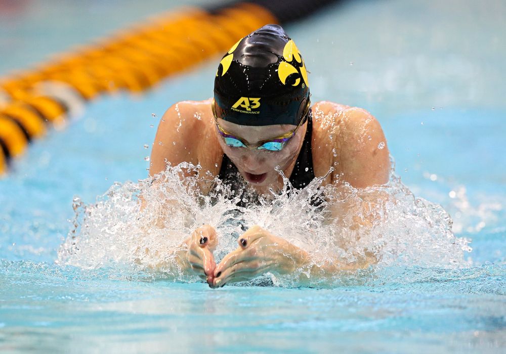 Iowa’s Aleksandra Olesiak swims the women’s 100 yard breaststroke preliminary event during the 2020 Women’s Big Ten Swimming and Diving Championships at the Campus Recreation and Wellness Center in Iowa City on Friday, February 21, 2020. (Stephen Mally/hawkeyesports.com)
