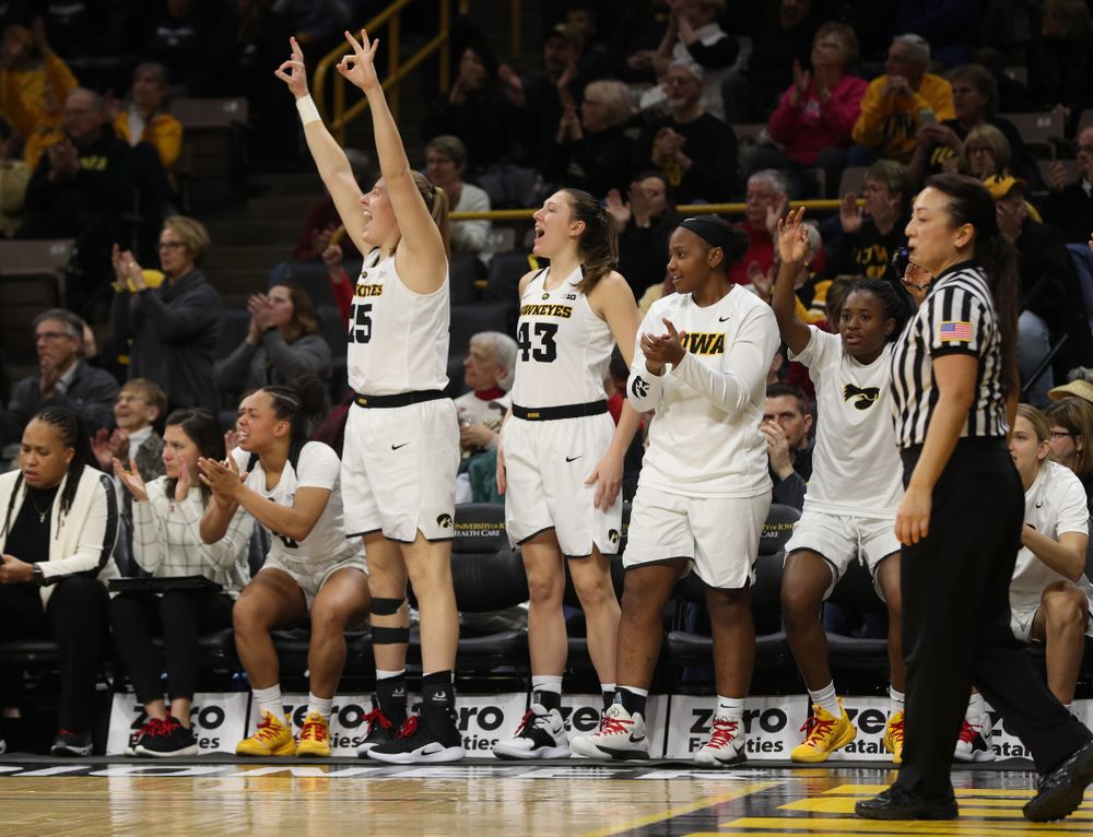 Iowa Hawkeyes forward/center Monika Czinano (25) reacts to a three point basket by guard Makenzie Meyer (3) against the Purdue Boilermakers Sunday, January 27, 2019 at Carver-Hawkeye Arena. (Brian Ray/hawkeyesports.com)