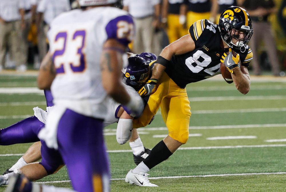 Iowa Hawkeyes wide receiver Nick Easley (84) runs the ball during a game against Northern Iowa at Kinnick Stadium on September 15, 2018. (Tork Mason/hawkeyesports.com)