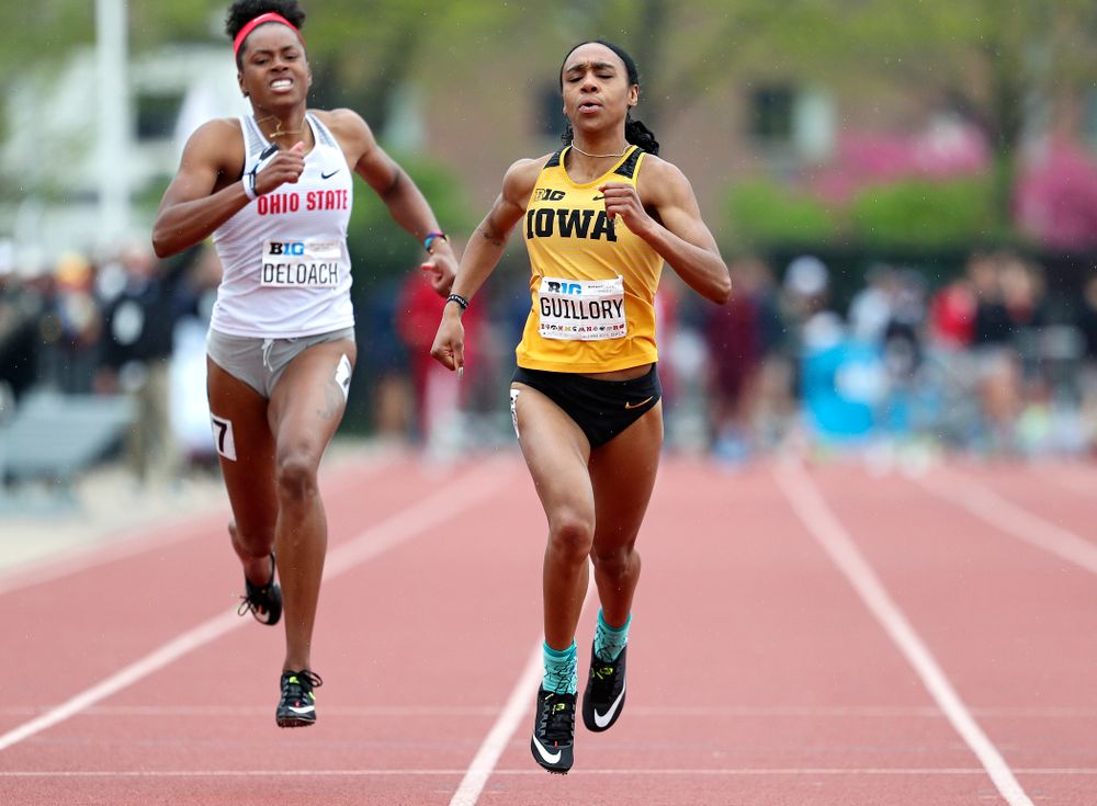 Iowa's Briana Guillory runs the women’s 200 meter dash event on the third day of the Big Ten Outdoor Track and Field Championships at Francis X. Cretzmeyer Track in Iowa City on Sunday, May. 12, 2019. (Stephen Mally/hawkeyesports.com)
