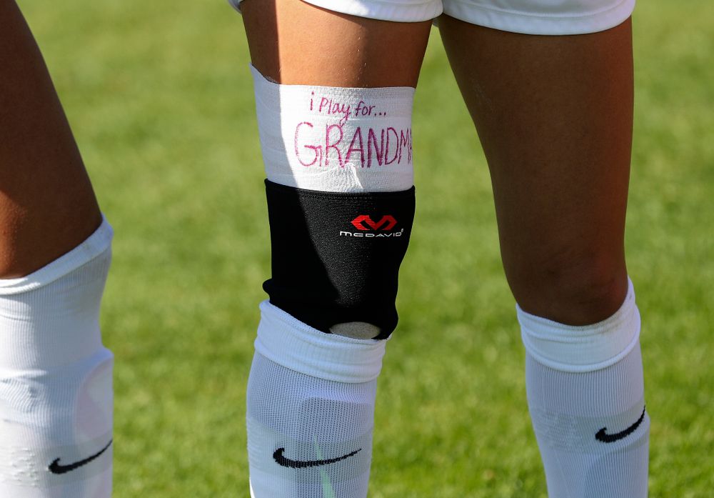 Iowa midfielder Isabella Blackman (6) wears a band that says “I play for Grandma” for the Pink Game at the Iowa Soccer Complex in Iowa City on Sunday, Oct 27, 2019. (Stephen Mally/hawkeyesports.com)