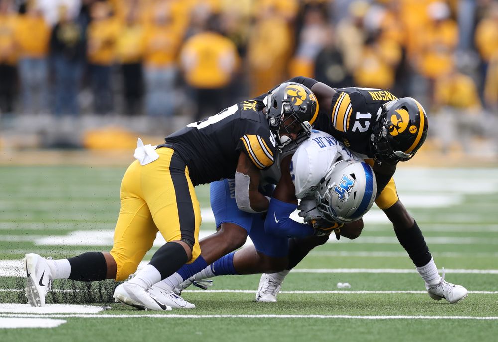Iowa Hawkeyes defensive back Geno Stone (9) and defensive back D.J. Johnson (12) against Middle Tennessee State Saturday, September 28, 2019 at Kinnick Stadium. (Max Allen/hawkeyesports.com)