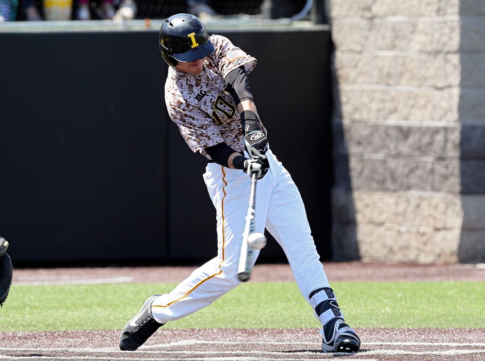 Iowa Hawkeyes shortstop Tanner Wetrich (16) bats during the second inning of their game against UC Irvine at Duane Banks Field in Iowa City on Sunday, May. 5, 2019. (Stephen Mally/hawkeyesports.com)