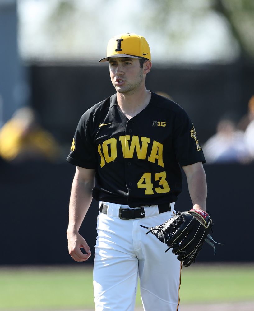 Iowa Hawkeyes Grant Leonard (43) reacts after getting a strikeout to end the 8th inning during game two against UC Irvine Saturday, May 4, 2019 at Duane Banks Field. (Brian Ray/hawkeyesports.com)