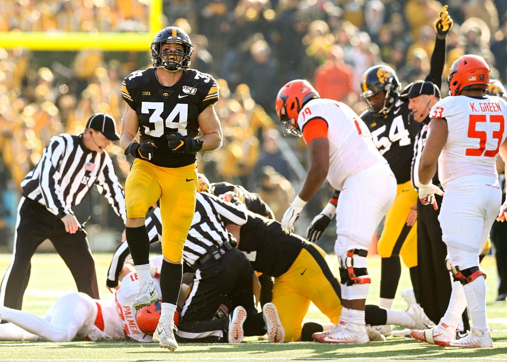 Iowa Hawkeyes linebacker Kristian Welch (34) celebrates after forcing a fumble during the fourth quarter of their game at Kinnick Stadium in Iowa City on Saturday, Nov 23, 2019. (Stephen Mally/hawkeyesports.com)
