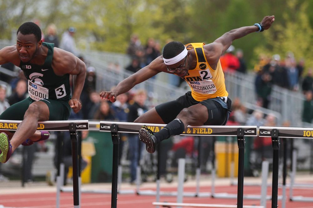 Iowa's Jaylen McConico during men's 110-meter hurdles at Big Ten Outdoor Track and Field Championships at Francis X. Cretzmeyer Track on Sunday, May 12, 2019. (Lily Smith/hawkeyesports.com)