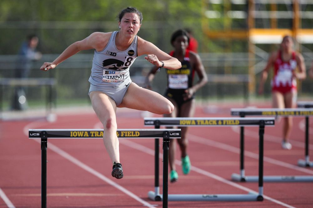 Iowa's Jenny Kimbro hurdles during the women's 400-meter hurdles at the Big Ten Outdoor Track and Field Championships at Francis X. Cretzmeyer Track on Friday, May 10, 2019. (Lily Smith/hawkeyesports.com)
