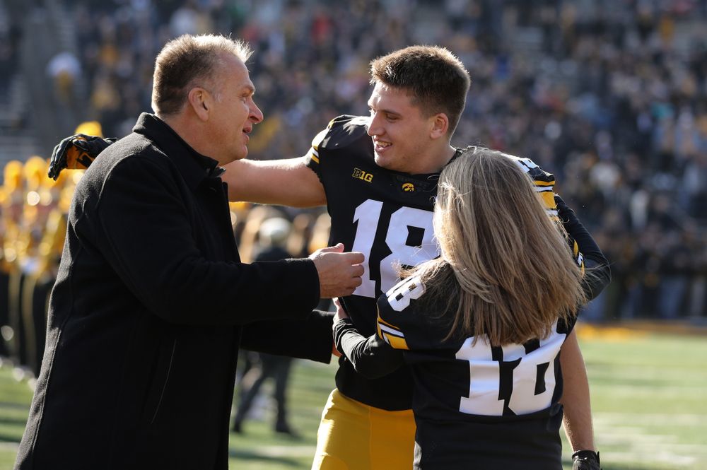 Iowa Hawkeyes tight end Drew Cook (18) during Senior Day festivities before their game against the Illinois Fighting Illini Saturday, November 23, 2019 at Kinnick Stadium. (Brian Ray/hawkeyesports.com)