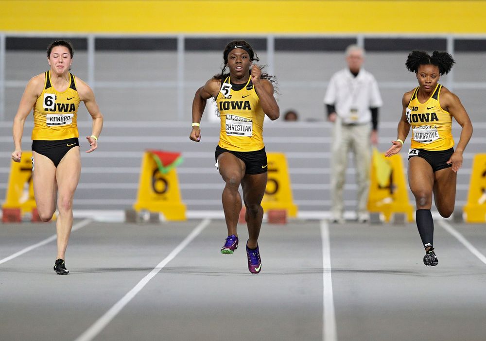 Iowa’s Jenny Kimbro (from left), Antonise Christian, and Lasarah Hargrove run the women’s 60 meter dash event during the Hawkeye Invitational at the Recreation Building in Iowa City on Saturday, January 11, 2020. (Stephen Mally/hawkeyesports.com)
