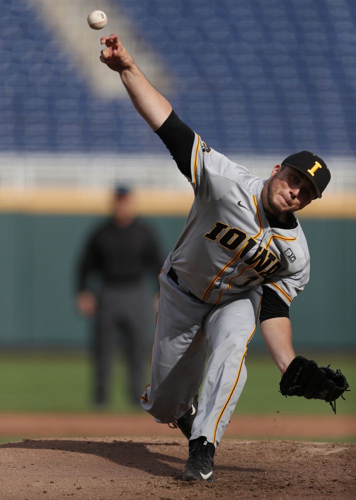 Iowa Hawkeyes Cole McDonald (11) delivers the ball to the plate against the Indiana Hoosiers in the first round of the Big Ten Baseball Tournament Wednesday, May 22, 2019 at TD Ameritrade Park in Omaha, Neb. (Brian Ray/hawkeyesports.com)