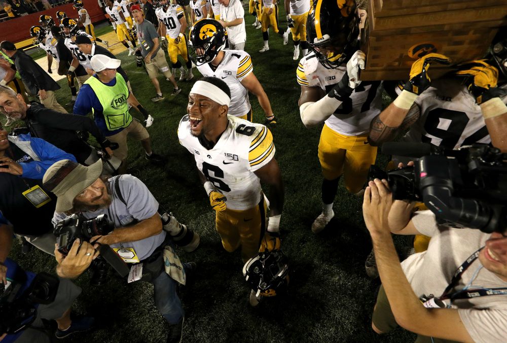 Iowa Hawkeyes wide receiver Ihmir Smith-Marsette (6) celebrates following their victory of the Iowa State Cyclones Saturday, September 14, 2019 in Ames, Iowa. (Brian Ray/hawkeyesports.com)
