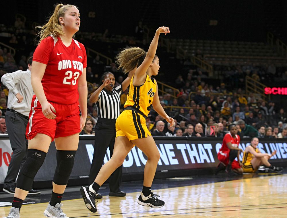 Iowa Hawkeyes guard Gabbie Marshall (24) holds up her hand after making a 3-pointer during the second quarter of their game at Carver-Hawkeye Arena in Iowa City on Thursday, January 23, 2020. (Stephen Mally/hawkeyesports.com)