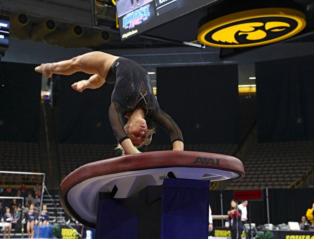 Iowa’s Madelyn Solomon competes on the vault during their meet at Carver-Hawkeye Arena in Iowa City on Sunday, March 8, 2020. (Stephen Mally/hawkeyesports.com)