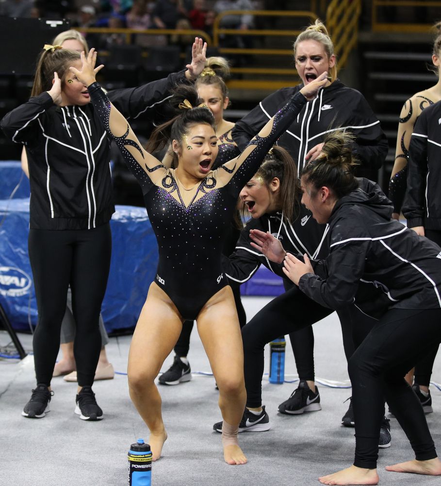 Iowa's Clair Kaji dances with her teammates during their meet against Southeast Missouri State Friday, January 11, 2019 at Carver-Hawkeye Arena. (Brian Ray/hawkeyesports.com)