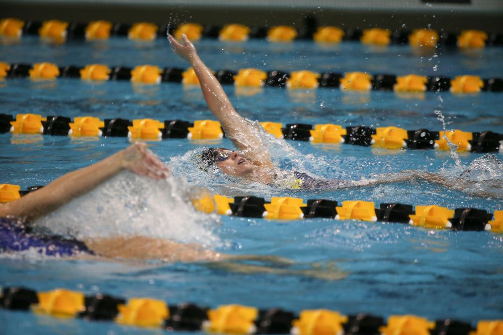 Iowa’s Kennedy Gilbertson swims the 200-yard backstroke during the Iowa swimming and diving meet vs Notre Dame and Illinois on Saturday, January 11, 2020 at the Campus Recreation and Wellness Center. (Lily Smith/hawkeyesports.com)
