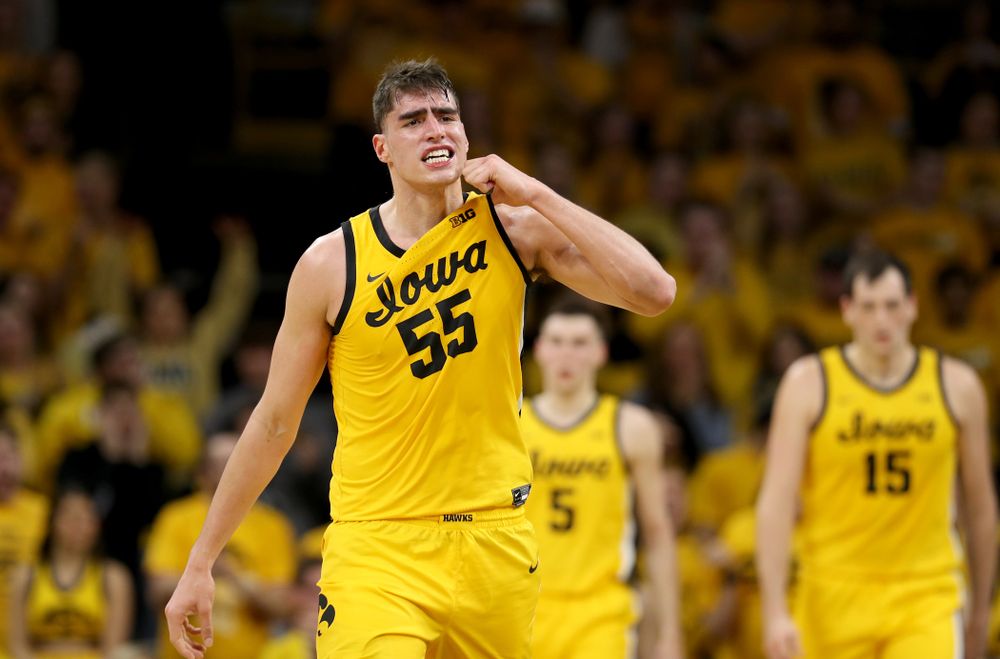 Iowa Hawkeyes forward Luka Garza (55) reacts after a blocked shot against the Rutgers Scarlet Knights  Wednesday, January 22, 2020 at Carver-Hawkeye Arena. (Brian Ray/hawkeyesports.com)