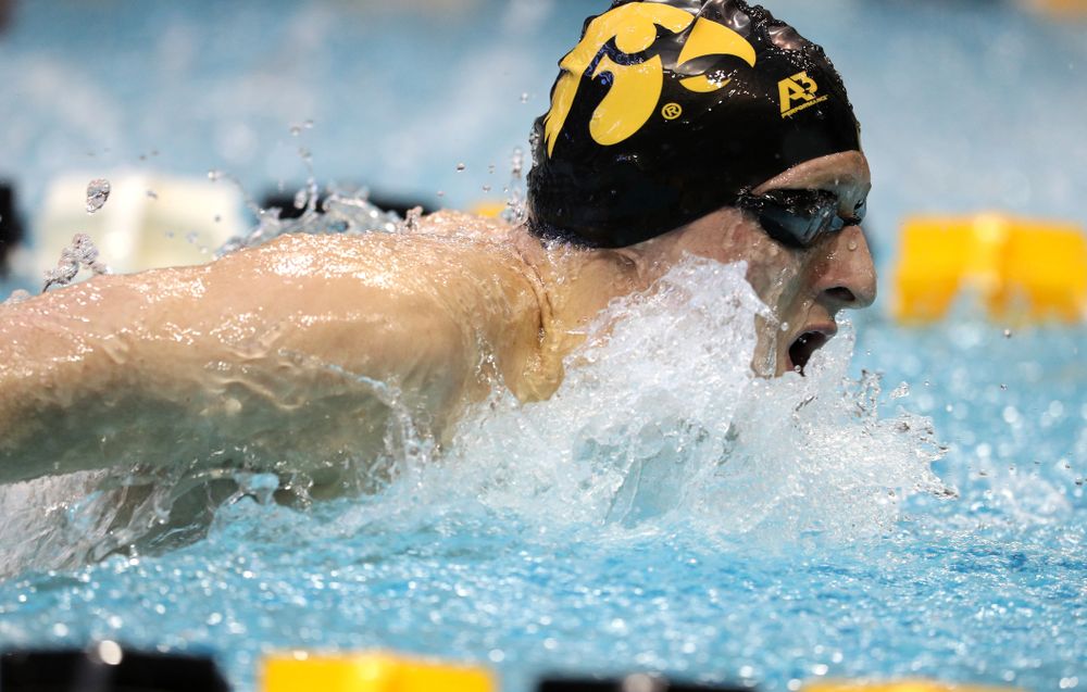 Iowa's Jackson Kuhlers swims the 200 yard butterfly during a double dual against Wisconsin and Northwestern Saturday, January 19, 2019 at the Campus Recreation and Wellness Center. (Brian Ray/hawkeyesports.com)
