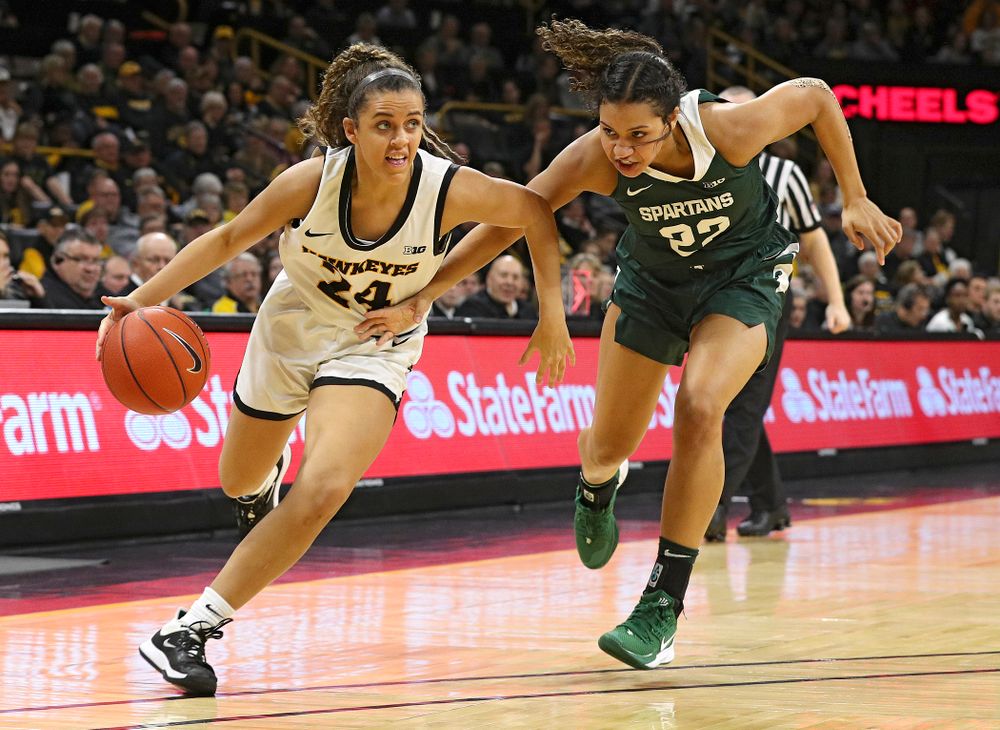Iowa Hawkeyes guard Gabbie Marshall (24) drives with the ball during the second quarter of their game at Carver-Hawkeye Arena in Iowa City on Sunday, January 26, 2020. (Stephen Mally/hawkeyesports.com)
