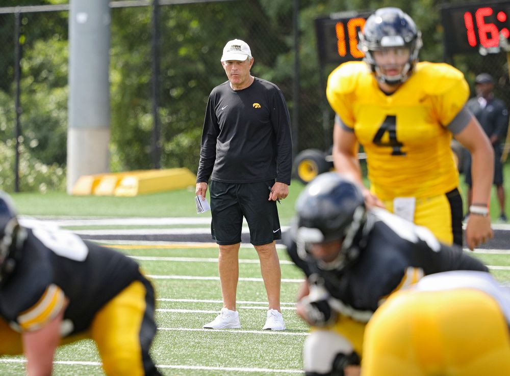 Iowa Hawkeyes head coach Kirk Ferentz looks on during Fall Camp Practice No. 11 at the Hansen Football Performance Center in Iowa City on Wednesday, Aug 14, 2019. (Stephen Mally/hawkeyesports.com)
