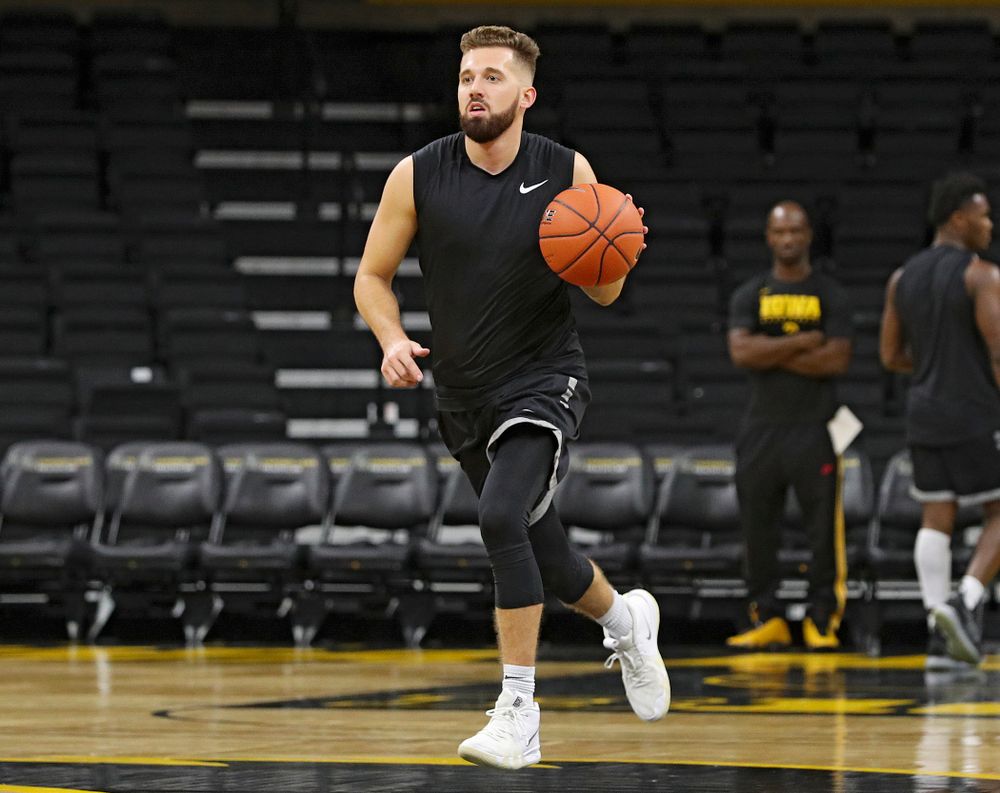 Iowa Hawkeyes guard Jordan Bohannon (3) brings the ball down the court during practice at Carver-Hawkeye Arena in Iowa City on Wednesday, Oct 9, 2019. (Stephen Mally/hawkeyesports.com)