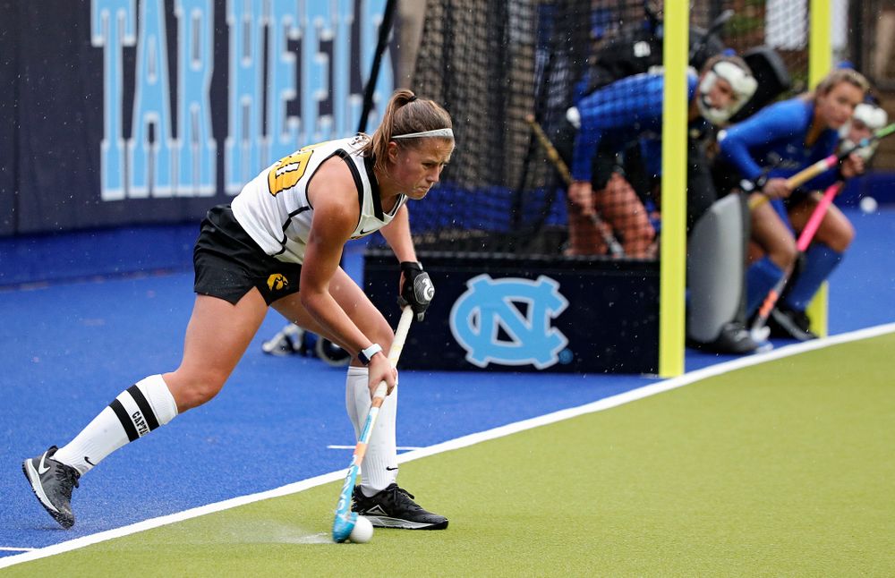 Iowa’s Sophie Sunderland (20) starts off a penalty corner during the second quarter of their NCAA Tournament First Round match against Duke at Karen Shelton Stadium in Chapel Hill, N.C. on Friday, Nov 15, 2019. (Stephen Mally/hawkeyesports.com)