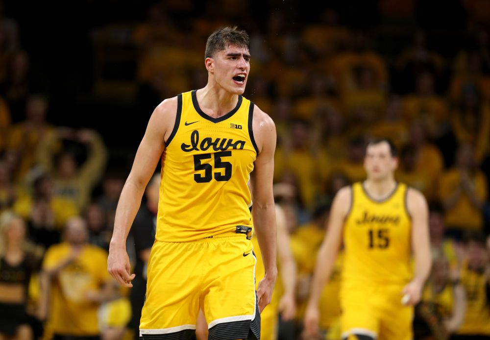 Iowa Hawkeyes forward Luka Garza (55) celebrates late in the game against the Rutgers Scarlet Knights  Wednesday, January 22, 2020 at Carver-Hawkeye Arena. (Brian Ray/hawkeyesports.com)