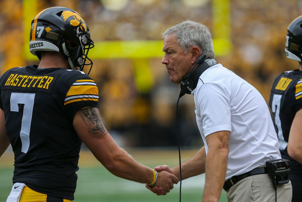 Iowa Hawkeyes punter Colten Rastetter (7) and Iowa Hawkeyes head coach Kirk Ferentz against Middle Tennessee Saturday, September 28, 2019 at Kinnick Stadium. (Lily Smith/hawkeyesports.com)